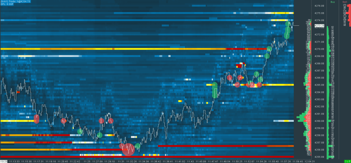 Advanced Orderflow Heatmap Chart in Sierra Chart, inspired by Bookmap features, with Volume Profile, DOM, liquidity zones, and large volume trade bubbles. Showcasing a reversal.