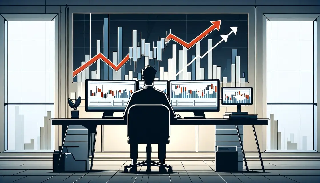 Horizontal illustration showing a professional day trading setup with a person seated at a desk, surrounded by multiple computer screens displaying trading charts in black and red.