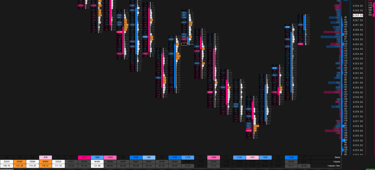 Sierra Chart Footprint featuring a center candlestick and DOM, showcasing strong absorption at the bottom, followed by a reversal.