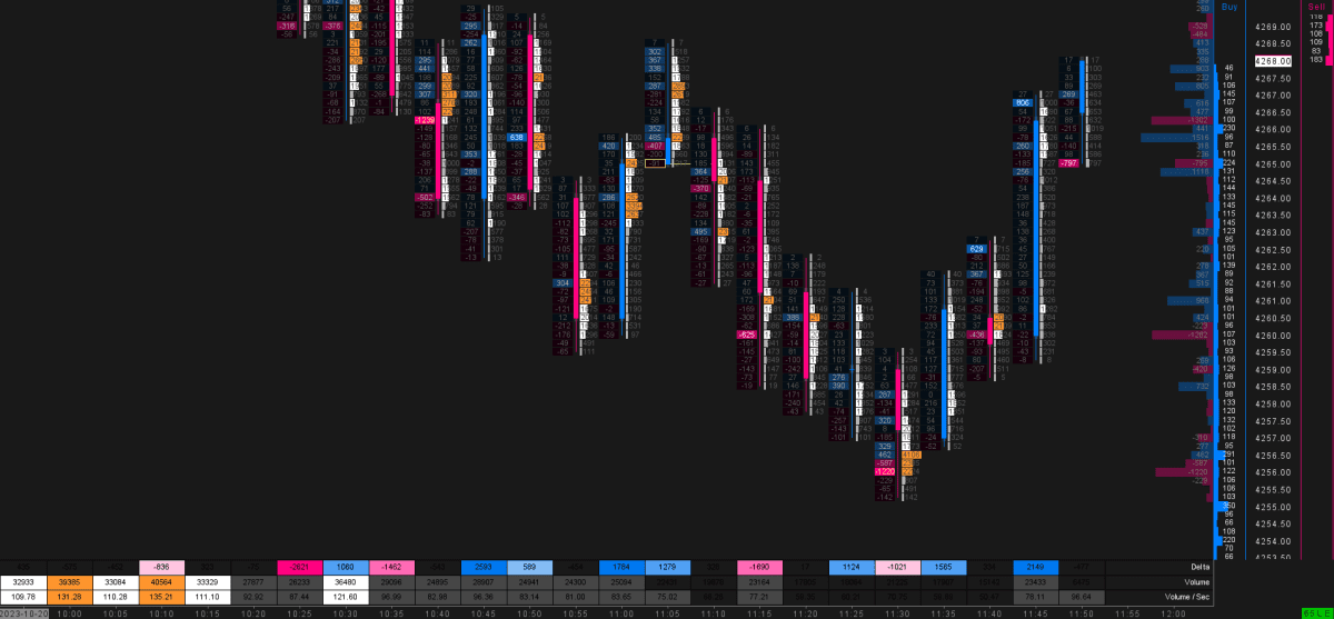 Sierra Chart Footprint featuring a center candlestick and DOM, showcasing strong absorption at the bottom, followed by a reversal.