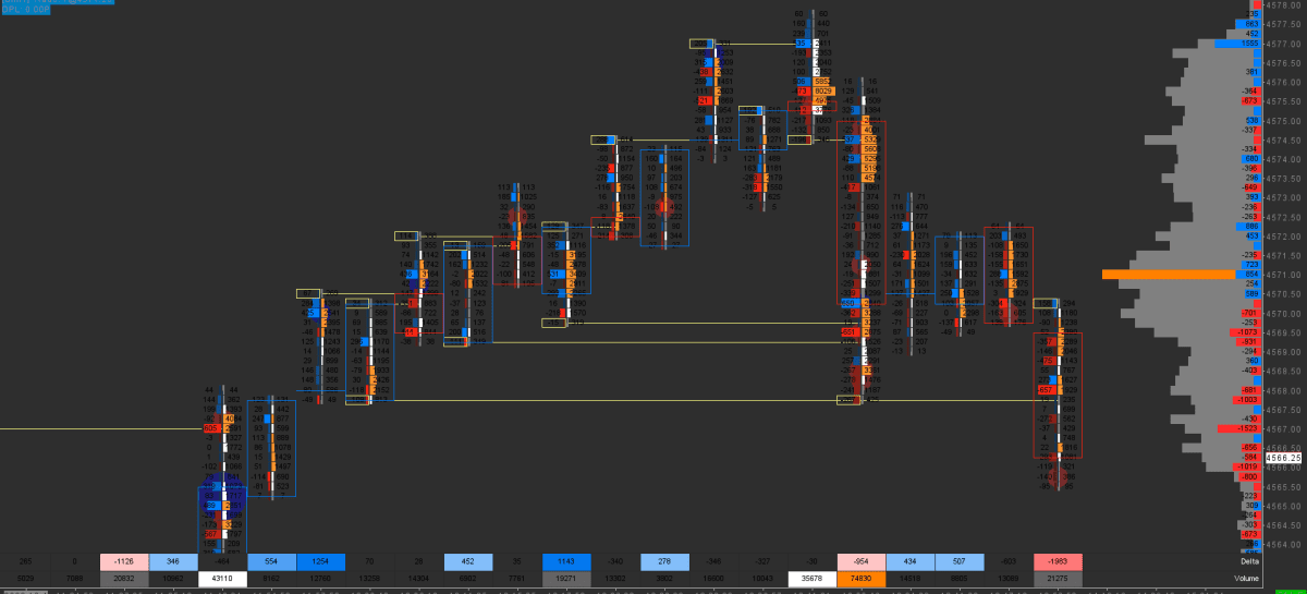 Footprint Delta and Volume chart with an extensive Volume Profile overlay combining Total Volume and Delta, set with a Point & Figure 1-11 preset. This setup provides a zoomed-out intraday perspective, helping traders focus on crucial levels by filtering out less significant market noise.