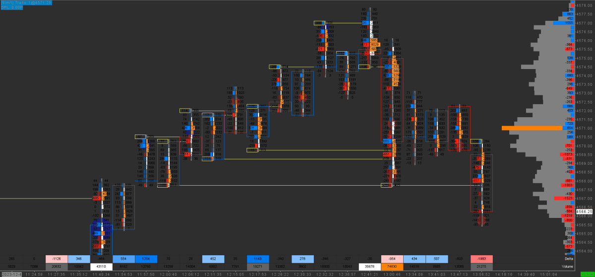 Footprint Delta and Volume chart with an extensive Volume Profile overlay combining Total Volume and Delta, set with a Point & Figure 1-11 preset. This setup provides a zoomed-out intraday perspective, helping traders focus on crucial levels by filtering out less significant market noise.