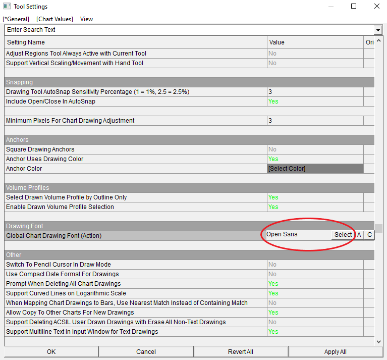 Screenshot of Sierra Chart 'Tool Settings' menu with 'Global Chart Drawing Font' selected. This image shows the interface for choosing a preferred font and size, allowing users to customize the appearance of chart annotations for better readability and personal preference.