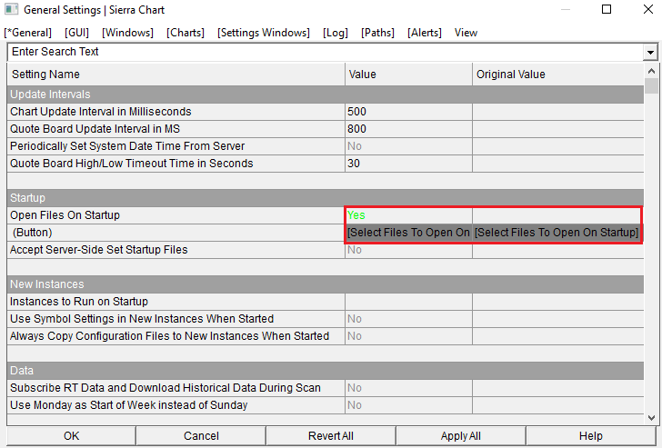 Screenshot of the 'Select Files to Open on Startup' settings in Sierra Chart under Global Settings, General Settings, Startup. This setting window shows options for configuring Sierra Chart to automatically load selected templates at program startup, making setup more efficient