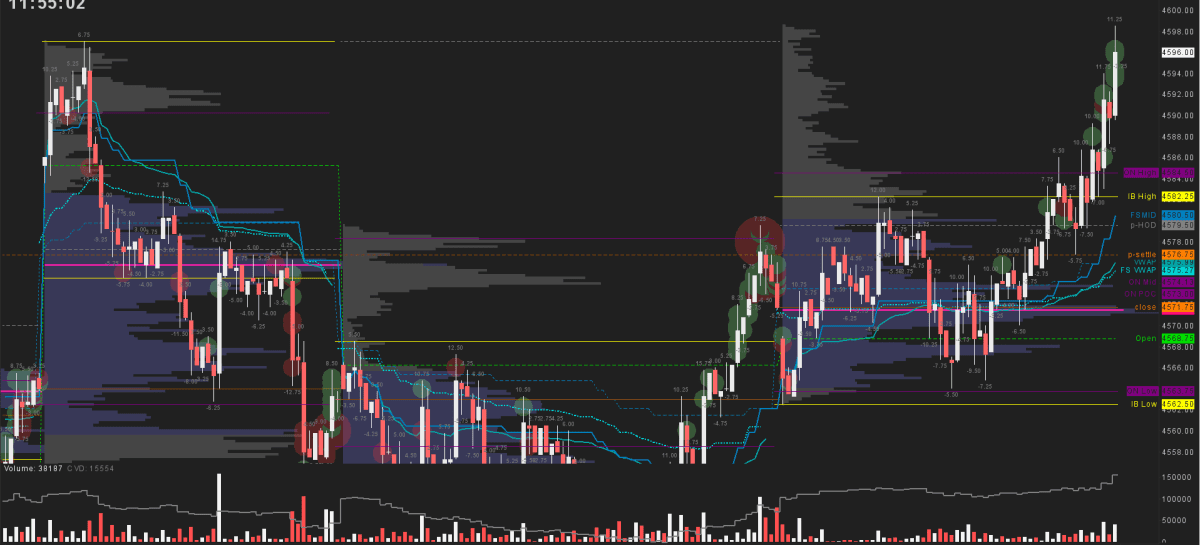 ES RTH PnF (Point and Figure) Chart tailored for day traders, displaying day-generated levels including p-close, p-settlement, p-HOD, p-LOD, ON High, ON Low, ON POC, FS Mid, RTH VWAP, and more. Features include a Large Volume Trade Indicator, Rotation Values at Bar High/Low, Cumulative Delta, and Volume Bars, providing a comprehensive daily market context for strategic trading.