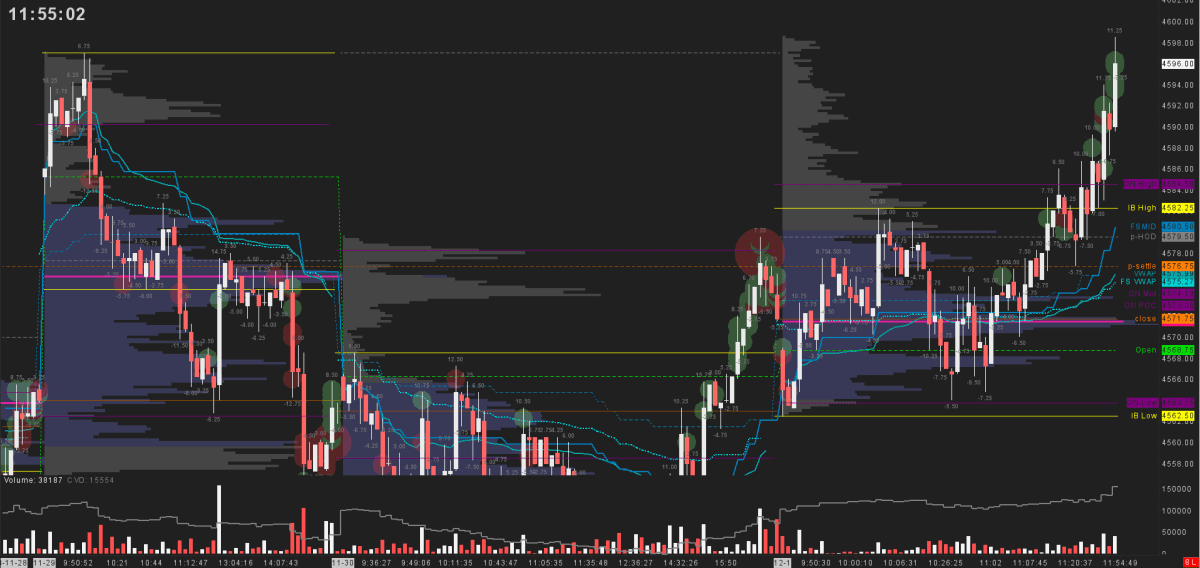 ES RTH PnF (Point and Figure) Chart tailored for day traders, displaying day-generated levels including p-close, p-settlement, p-HOD, p-LOD, ON High, ON Low, ON POC, FS Mid, RTH VWAP, and more. Features include a Large Volume Trade Indicator, Rotation Values at Bar High/Low, Cumulative Delta, and Volume Bars, providing a comprehensive daily market context for strategic trading.