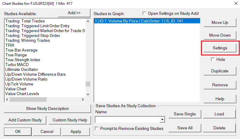 Screenshot showing the initial step to adjust tick size in Sierra Chart by right-clicking on a chart, selecting 'Studies', and then choosing a specific Volume Profile Study from the list to access its settings.