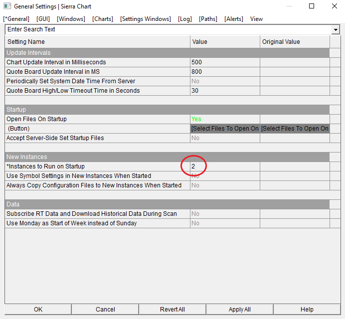 Screenshot displaying the Sierra Chart Global Settings menu with the 'Open instances on startup' option. This setting allows users to configure multiple sub-instances to run at startup, enhancing resource management and performance for handling various charting and trading tasks.