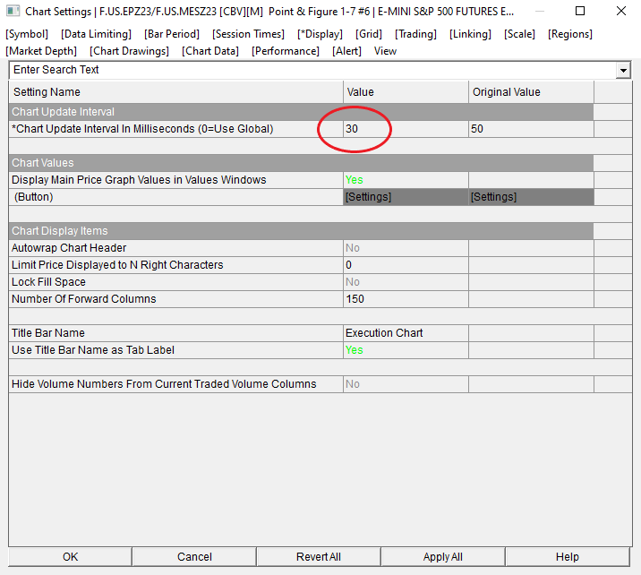 Screenshot of Sierra Chart Global Settings showing the 'Chart Update Interval' option, set to customize how frequently charts refresh. This setting is critical for optimizing chart performance, with a recommended interval of 500 ms for resource-heavy charts and as low as 20-50 ms for execution charts to ensure rapid responsiveness.