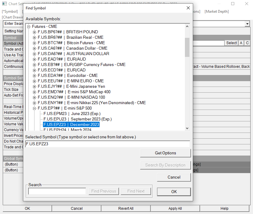 Screenshot of the 'Select Symbol' interface in Sierra Chart displaying a list of available symbols, including the S&P 500 mini futures contract as highlighted in the selection.