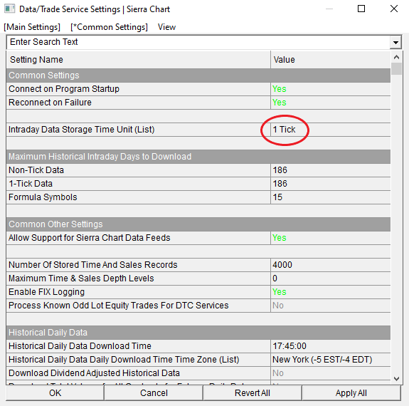 Screenshot of the 'Data/Trade Service Settings' in Sierra Chart, showing the 'Common Settings' section where the 'Intraday Data Storage Time Unit' is set to 1 Tick. This configuration is essential for traders who require precise, tick-by-tick data analysis.