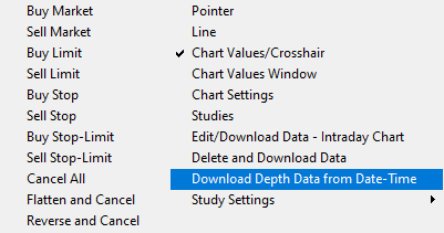 Screenshot of the 'Customize Chart Shortcut Menu' settings in Sierra Chart, highlighting how to add the 'Download Depth Data from Date-Time' option. This feature enables traders to efficiently access specific market depth data by right-clicking on the chart at the desired start point.