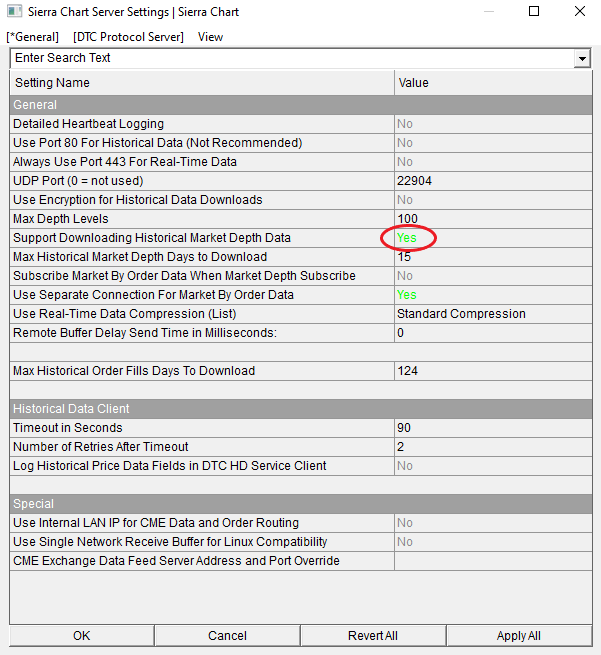 Screenshot displaying the 'Sierra Chart Server Settings' with the option 'Support Downloading Historical Market Depth Data' set to Yes. This adjustment allows users to access and analyze historical market depth data, essential for detailed market analysis.