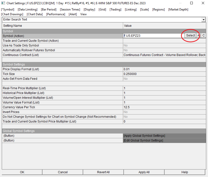 Screenshot showing the navigation path in Sierra Chart to select a data provider's symbol, highlighting the menu sequence: Chart, Chart Settings, Symbol, Select Symbol.