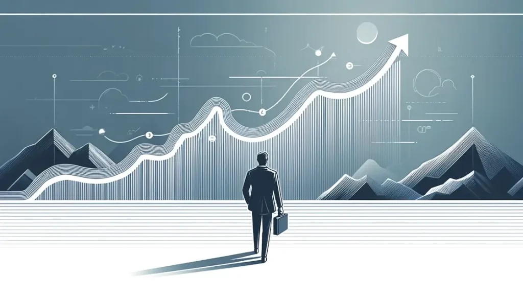 An illustration of a businessman viewed from behind, gazing at a stylized trading chart that ascends like mountain peaks, symbolizing the journey to professional trading heights with Sierra Chart.