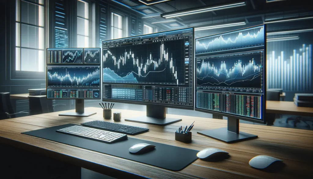 Professional day trading setup with three monitors, illustrating the advanced strategies used by professional traders.