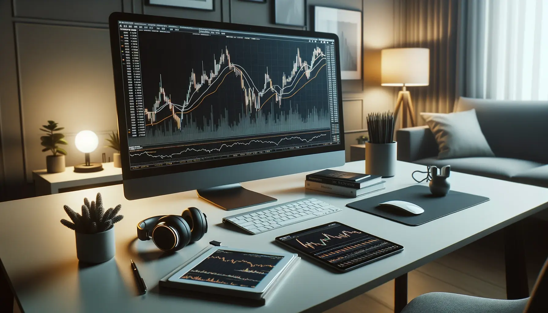 Clean and organized trading desk setup, creating a comfortable and inviting environment for learning how to install Sierra Chart.