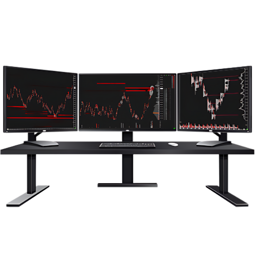 Trading station with three monitors displaying advanced Sierra Chart templates by boostyourcharts.com.