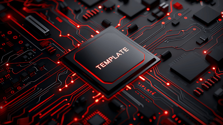 Illustration of a circuit board with a central chip marked 'Template,' symbolizing the process of installing boostyourcharts templates