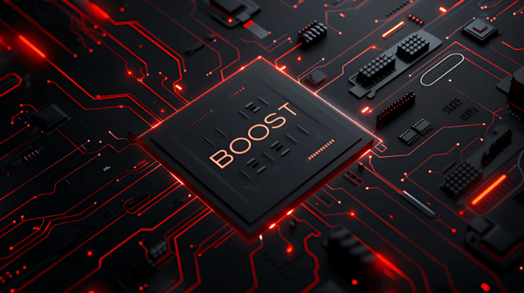 Illustration of a circuit board with a central chip labeled 'boost,' representing the optimized performance and smoother experience provided by boostyourcharts templates in Sierra Chart.