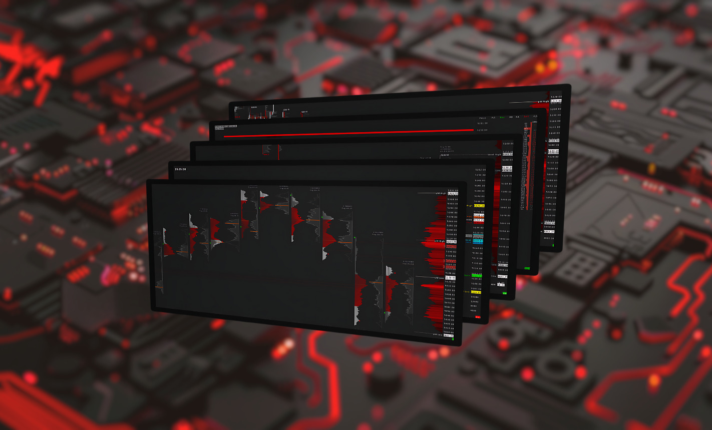 Crimson Suite product featuring five Sierra Chart templates, displayed in a dynamic 3D stack on a softly blurred background, illustrating a complete trading system.