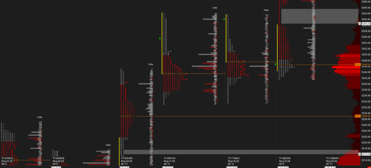 Sierra Chart TPO Template for ES Retail Trading Hours, featuring a Volume Delta Profile, extended singles as rectangles, and a customizable Open Marker.