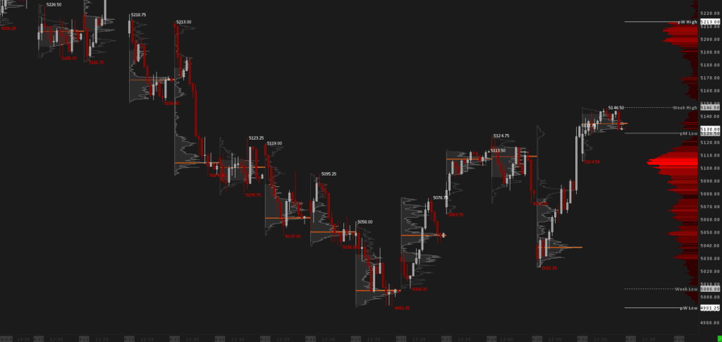 Daily retail trading hours Volume Profiles overlaid with 30-minute candles.