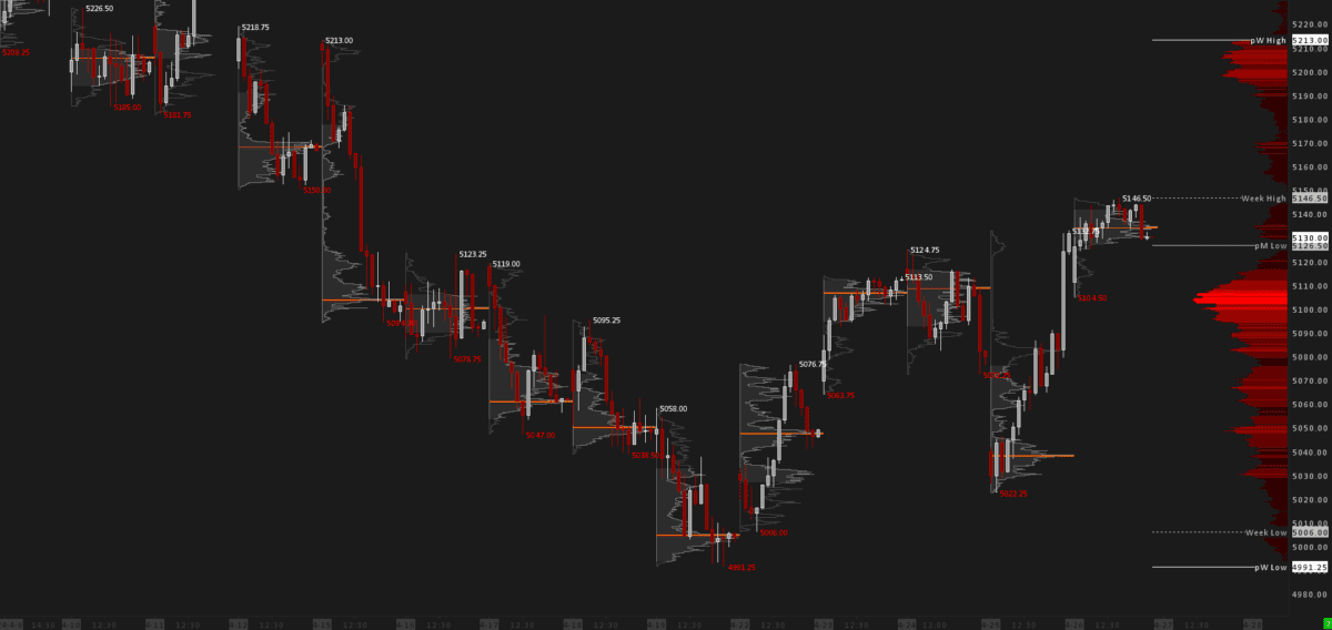 Daily retail trading hours Volume Profiles overlaid with 30-minute candles.