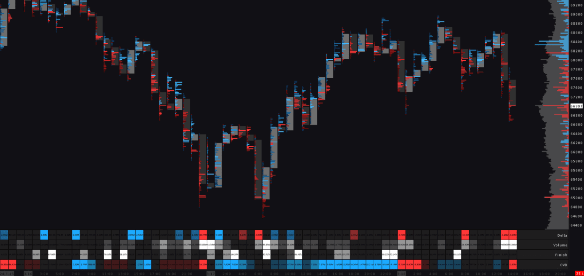 Sierra Chart Footprint Chart for Bitcoin. In-depth delta analysis with candlestick patterns.