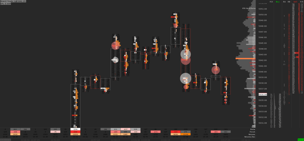Sierra Chart professional Footprint with Delta, total Volume and DOM.