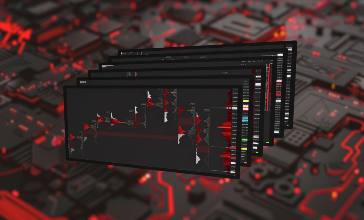 Crimson Suite product featuring five Sierra Chart templates, displayed in a dynamic 3D stack on a softly blurred background, illustrating a complete trading system.