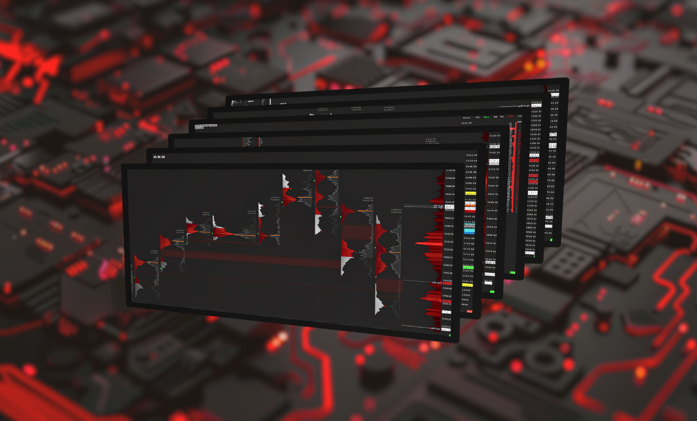 Crimson Suite product featuring five Sierra Chart templates, displayed in a dynamic 3D stack on a softly blurred background, illustrating a complete trading system.