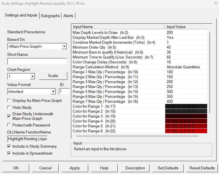Highlight Resting Liquidity study settings and inputs in Sierra Chart