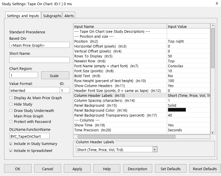 Tape On Chart study settings and inputs in Sierra Chart
